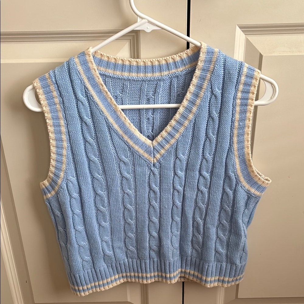 Amazon Blue and Cream V-Neck Cable Knit Sweater